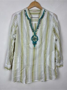 Soft Surroundings Women's Elisha Striped Gauze Tunic Blouse M Cotton Lagenlook